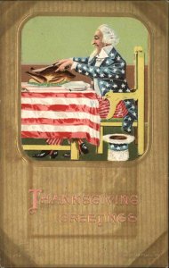 Thanksgiving Uncle Sam Carves Turkey Patriotic Flag Tablecloth c1910 Postcard