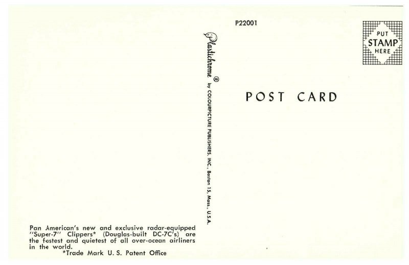 PAN AM Pan American PAA Super 7 Clipper DC-7C Airplane Postcard