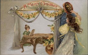 Wildt & Kray Christmas Dancing Girl Tambourine Woman Playing Piano c1910 PC