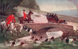 Vintage Postcard 1910s Morning Spin Horses Dogs Crossing Stream Under Bridge Art