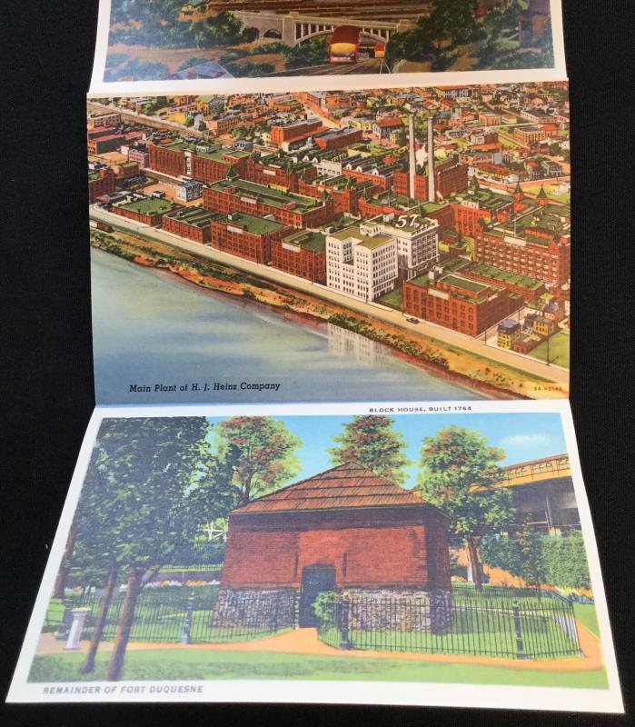 Unused Linen Souvenir Folder w/9 Double sided pics Pittsburgh PA LB