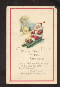 SANTA CLAUS RED ROBE ON SLED VINTAGE CHRISTMAS POSTCARD GLOVERSVILLE NY