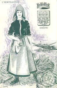 Postcard Picardy folk costume drawing Huguette Sainson L'hortillone crest Amiens