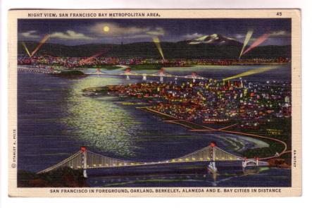 Night View San Francisco Bay California, Used 1938, US Airmail Slogan Cancel