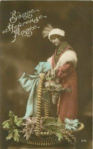 Basket Happy New Year Woman Hand Tint 1915 RPPC Photo Postcard 20-2550