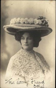 Stern Woman Fashionable Hat Lace Shawl Real Photo Vintage Postcard