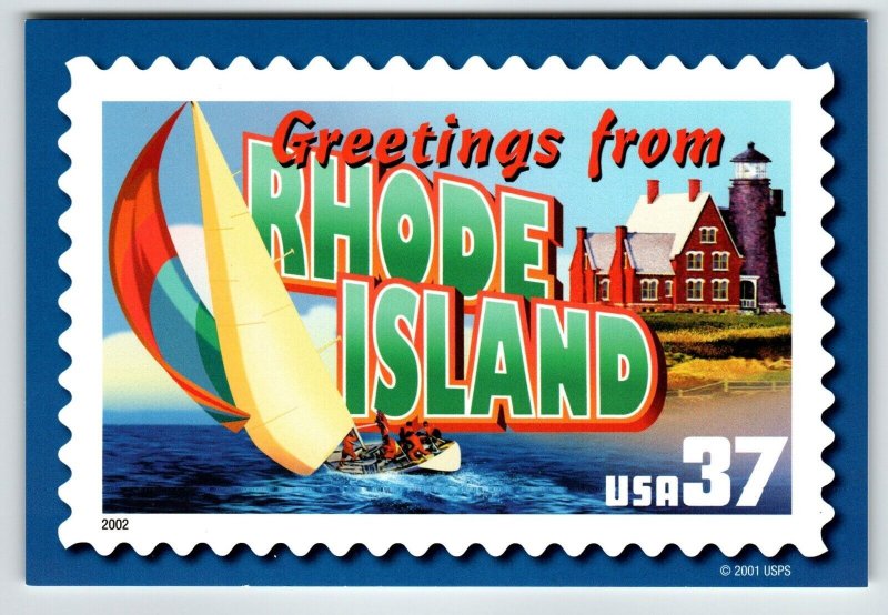 Greetings From Rhode Island Large Letter Chrome Postcard USPS 2001 Sailboat
