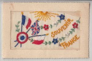 Novelty greetings postcard embroidered silk allied flags WWI souvenir France