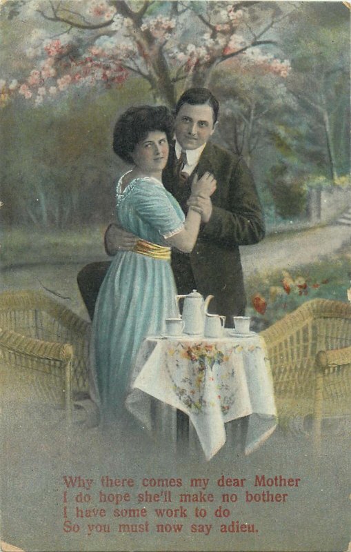 Postcard couple romantic lovers love idyll kiss romance fancy fashion tea chairs