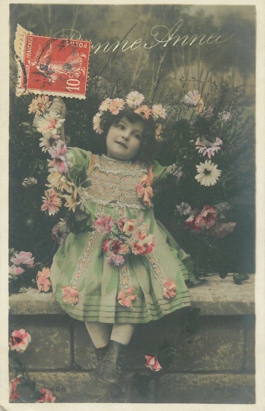 New Year greeting Postcard young girl elegant vintage dress flower wreath