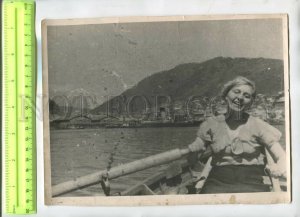 476413 USSR North smiling girl on a boat with oars Old PHOTO