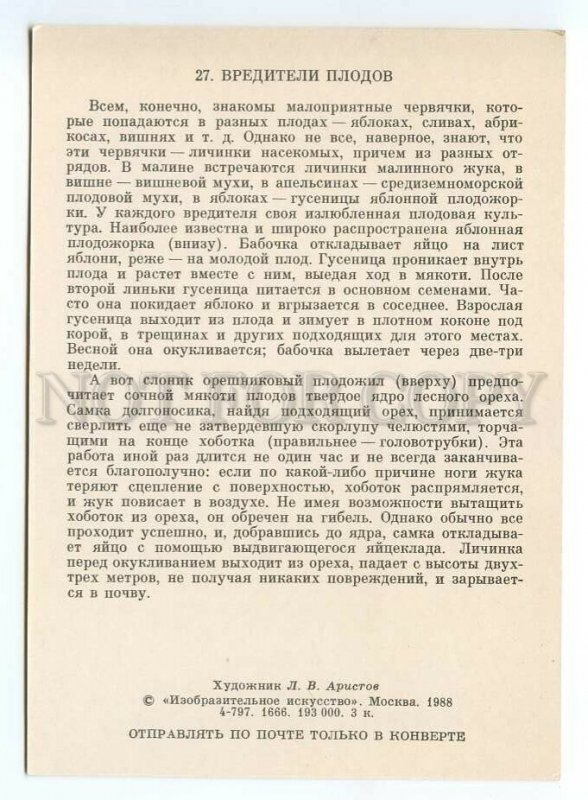 142044 INSECTS Codling moth by Aristov Old Russian Card