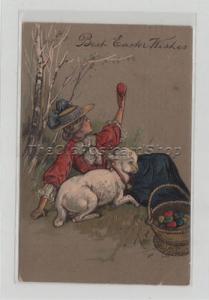 EASTER Lady Examines Easter Egg, Lamb, Basket '07 /W615