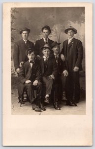 RPPC 6 Young Men~Family Closeness~Each With His Own Flair~Tilted Derby Hats