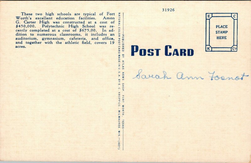 Vtg Fort Worth TX Amon Carter Riverside & Polytechnic High Schools Postcard
