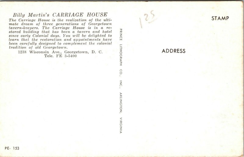 Restaurant postcard Washington DC, Billy Martin's Carriage House interior 