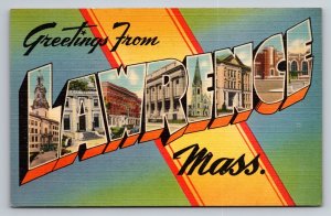 Greetings From Lawrence Massachusetts Vintage Unposted Linen Postcard