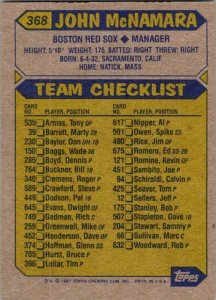 1987 Topps Baseball Card John McNamara Manager Boston Red Sox sk3197