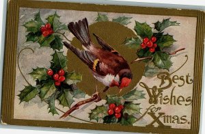 1907-15 Best Wishes For Xmas Postcard Bird Holly Berries Gold Gilt Edge Embossed 