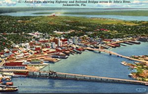 Florida Jacksonville Aerial VIew Showing Highway and Railroad Bridges Across ...