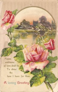 Landscape. Beautiful roses  Nice old vintage English  Greetings    postcard