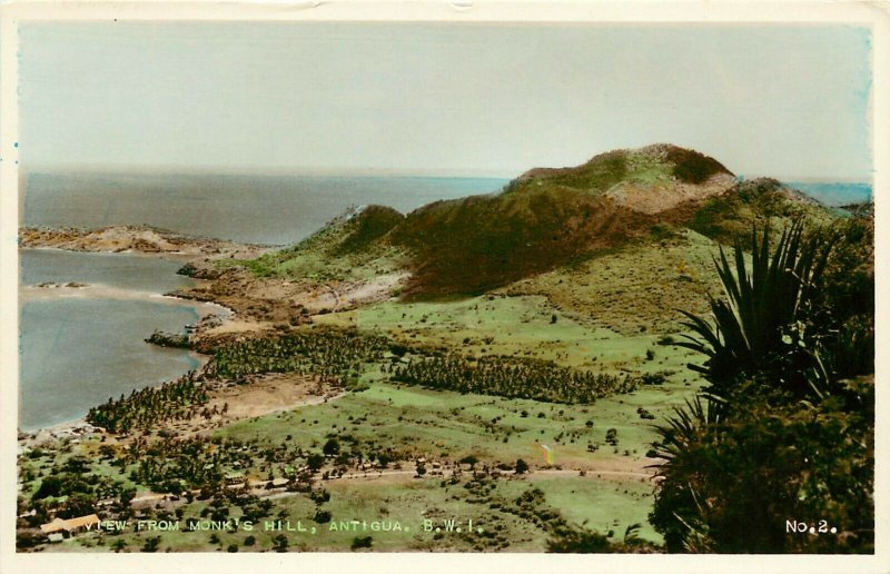 Hand-Colored RPPC Postcard No. 2. View from Monk's Hill, Antigua B.W.I. Unposted