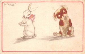 Lot335 dog and rabbit  comic postcard  humour italy aetist signed mauzan