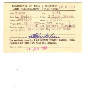 Royal Canadian Air Force, Motor Vehicle Certificate. 1961, RCAF