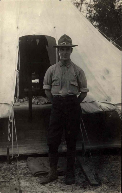 US Soldier Camp Uniform Hat Tent Crisp Qualtiy Image Real Photo Postcard c1915