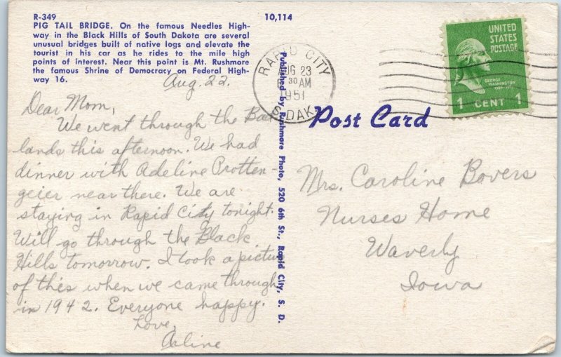c1951 Black Hills SD Pig Tail Bridge Needles Highway Linen Mt Rushmore Area