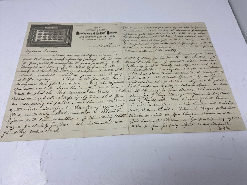 1873 Newman & Capron Railway Car Fixtures Letterhead Handwritten Personal Letter