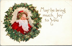 Postcard Embossed May He Bring Much Joy to You Santa in Wreath C.1910 L12