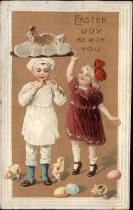 Easter Novelty Little Boy Chef Girl Real Fabric Dress Felt Eggs c1910 Postcard