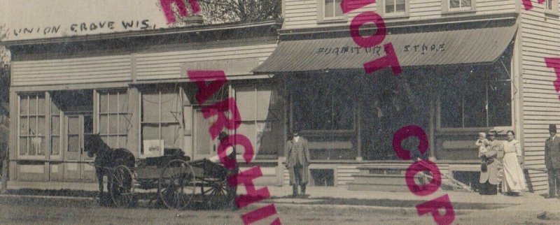 Union Grove WISCONSIN RPPC 1915 GENERAL STORE Furniture nr Racine Eagle Lake WI