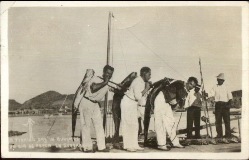 Guaymas Mexico Fishing Men w/ Huge Fish c1940s Real Photo Postcard