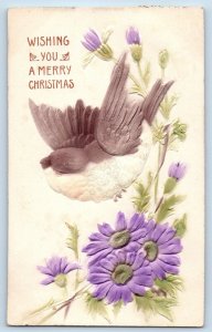 Christmas Postcard Bird And Flowers Airbrushed Embossed Seattle Washington WA