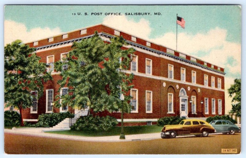 1940s SALISBURY MARYLAND MD POST OFFICE BUILDING OLD CARS VINTAGE LINEN POSTCARD