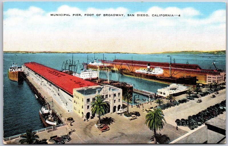 Municipal Pier Foot of Broadway San Diego California CA w/ Transit Shed Postcard