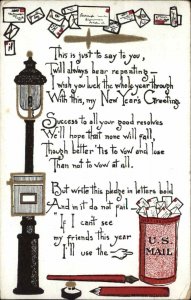 Art Deco New Year U.S. Mail Streetlight Mailbox c1910 Vintage Postcard