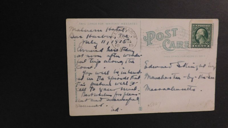 1915 Ship Postcard Cover From Bar Harbor ME to MA Kronprinzessin Cecilia