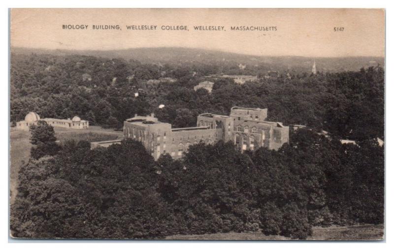 1953 Aerial View, Biology Building, Wellesley College, Wellesley, MA Postcard