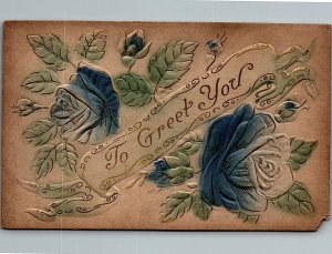 1909 VERY HEAVY EMBOSSED FLOWERS TO GREET YOU POSTCARD 25-155