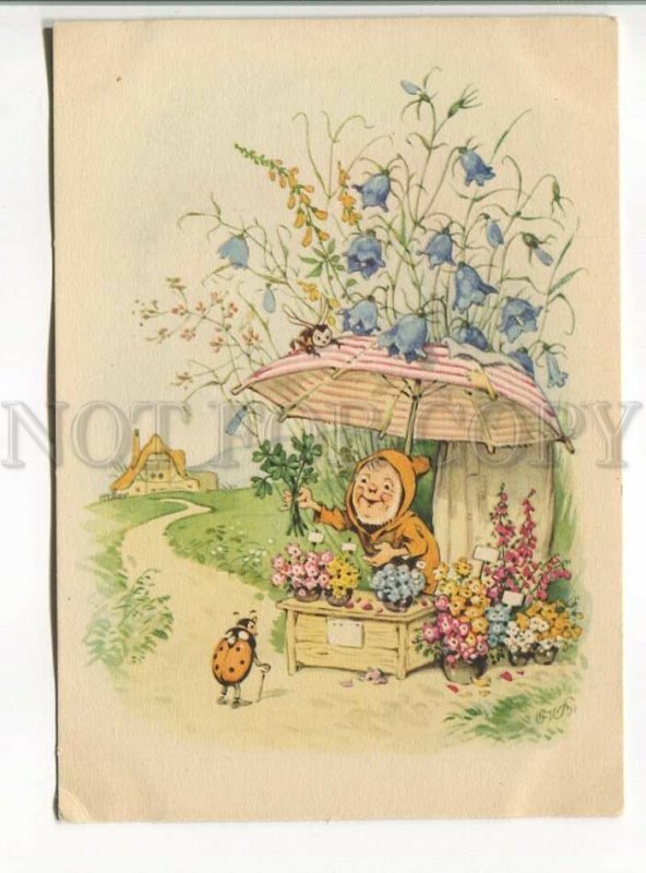 485964 East Germany GDR BEETLE & GNOME Flower Shop by BAUMGARTEN postcard