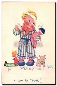 Old Postcard Fantasy Illustrator Child Mallet Whose turn Dog