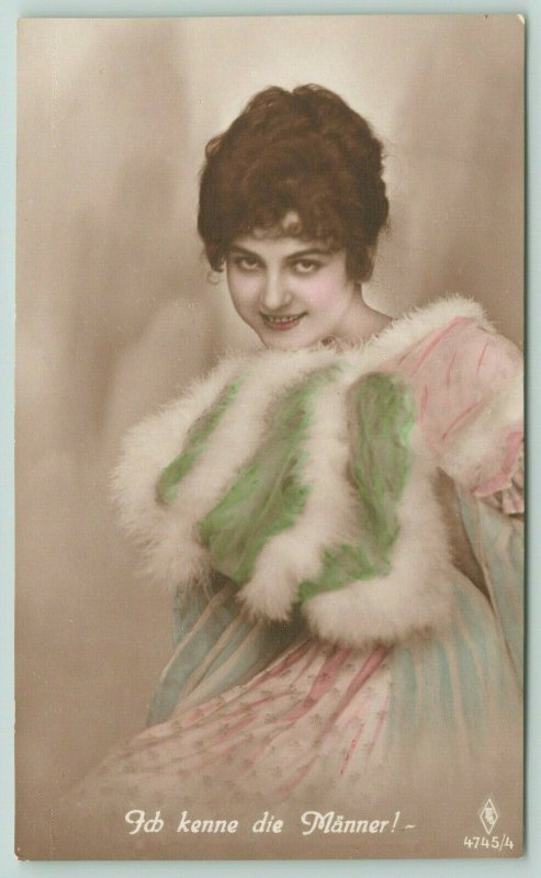 Colorized RPPC 5 German Lovely Lady~Would I Kiss Him?~Ich Kenne Die Männer! 1924 