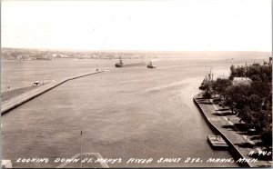 Real Photo Postcard Looking Down St Mary's River Sault Ste Marie Michigan~135905