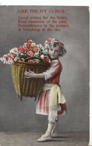 Children Postcard - Small Girl Holding Large Basket of Flowers - Ref ZZ4277