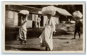 1927 Canal Zone Panama Overprint People Carrying On Head RPPC Photo Postcard