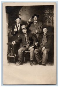 Mens Postcard RPPC Photo Drinking Beer Studio c1910's Unposted Antique