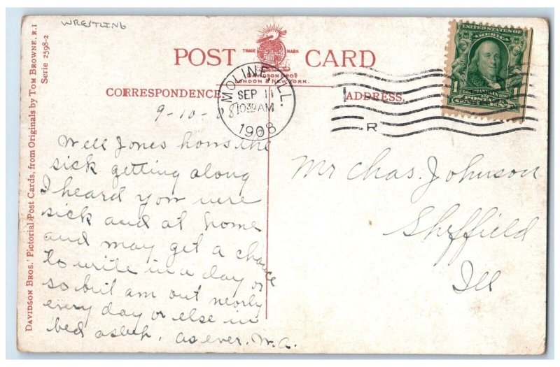 1908 Wrestling Are We Down Hearted Moline Illinois IL Posted Antique Postcard